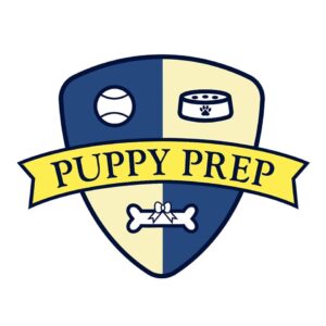 A blue and yellow shield with the words puppy prep written in it.