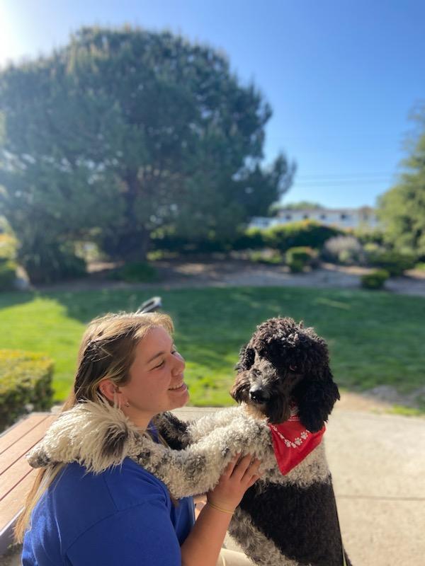 A woman holding her dog outside in the sun.